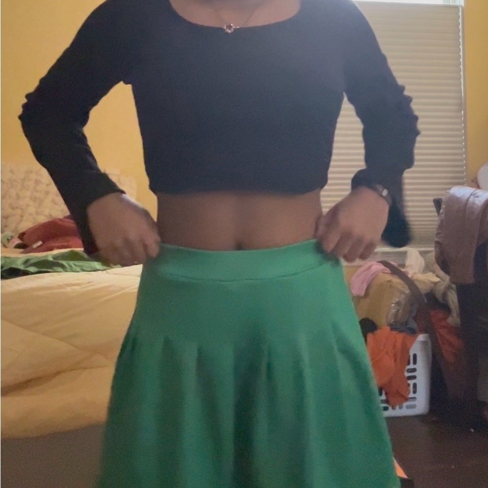 Green Mini Skater Skirt with Pleated Design